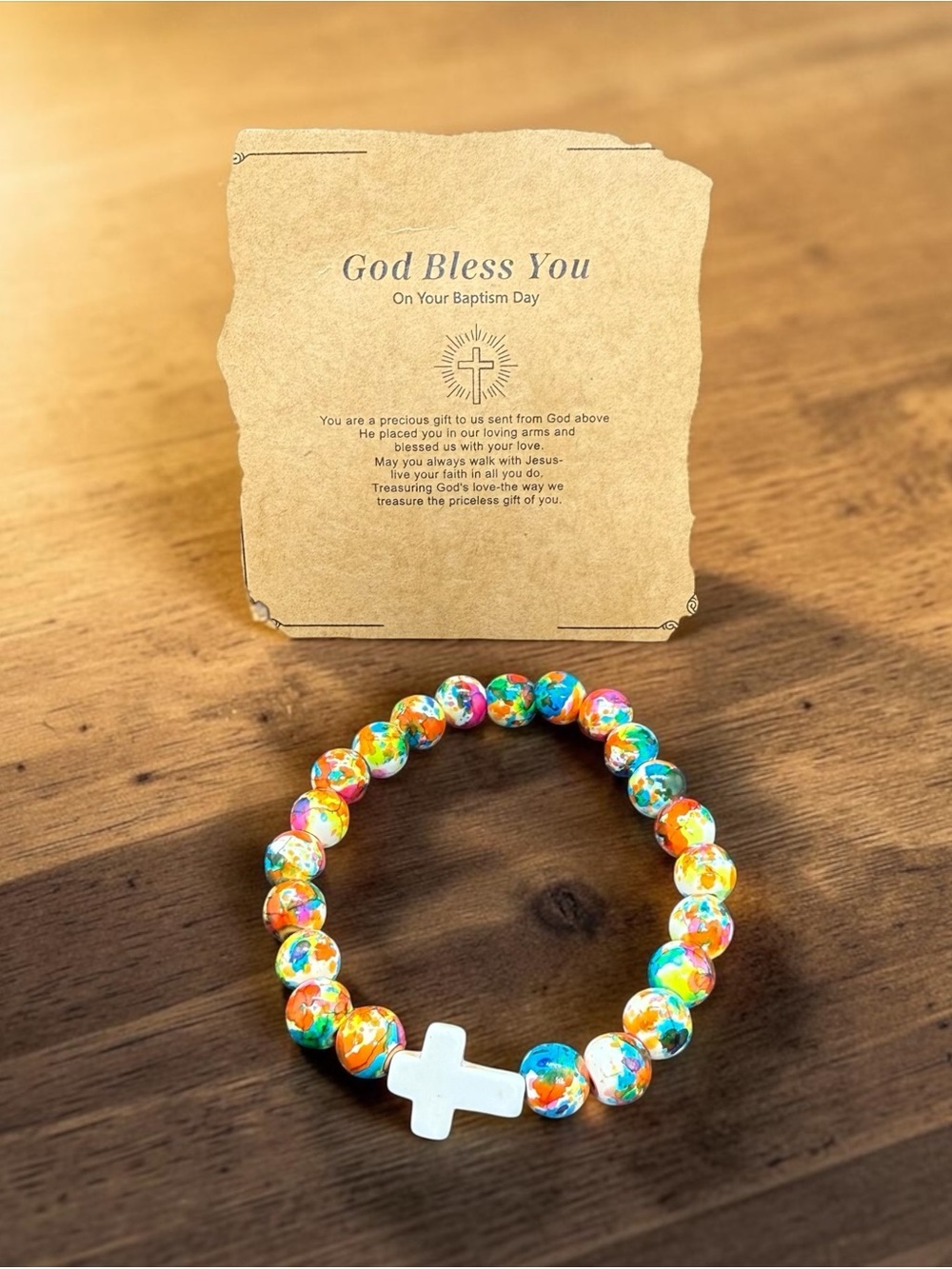 🏷️‼️5$25🏷️‼️✝️Multicolor Baptism Beaded Bracelet with White Cross/NIP✝️